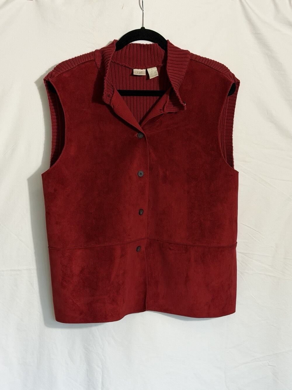 J. Jill Womens Cranberry Red Faux Suede Button Front Mock Neck Vest L Festive